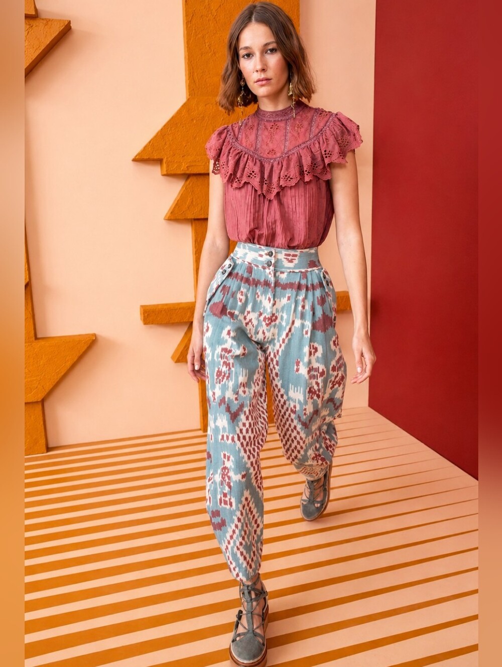 Ulla Johnson Blue Eclectic Artisan Printed Cotton High Waisted Trousers